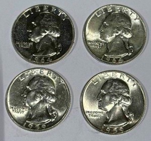 lot 7 image: Lot of 4 Silver (90%) Washington Quarters (high grade)