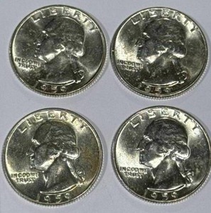 lot 13 image: Lot of 4 Silver (90%) Washington Quarters (high grade)