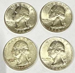 lot 20 image: Lot of 4 Silver (90%) Washington Quarters