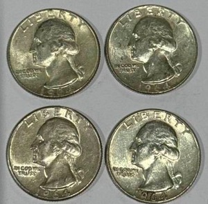 lot 21 image: Lot of 4 Silver (90%) Washington Quarters