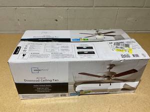 lot 237 image: Mainstays 42 inch Downrod Ceiling Fan with Light Kit, Satin Nickel, 4 Blades, Reverse Airflow