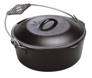 lot 22 image: Lodge Cast Iron 9 Quart Seasoned Cast Iron Camp Dutch Oven With Bail Handle