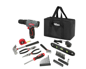 lot 213 image: Hyper Tough 12V Max Cordless 38-inch Drill Driver 50-Piece Project Kit with 1.5Ah Lithium-Ion Battery, Charger, and Storage Bag