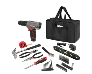 lot 218 image: Hyper Tough 12V Max Cordless 38-inch Drill Driver 50-Piece Project Kit with 1.5Ah Lithium-Ion Battery, Charger, and Storage Bag