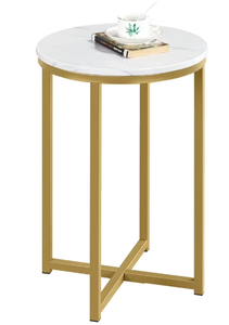 lot 432 image: Yaheetech Faux Marble Round Side Table with Cross Metal Legs, Antique Gold