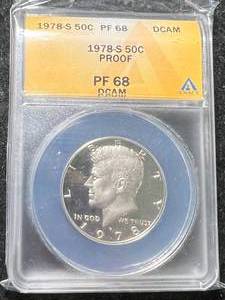 lot 07 image: 1978-S US PROOF KENNEDY HALF DOLLAR ANACS PF68DCAM