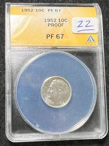 lot 12 image: 1952 US PROOF ROOSEVELT DIME ANACS PF67