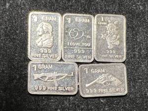 lot 20 image: 5 GRAMS .999 FINE SILVER FRACTIONAL PIECES