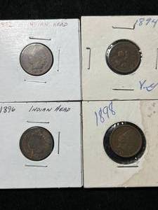 lot 23 image: 4 US INDIAN HEAD CENTS 1892 1894 1896 1898