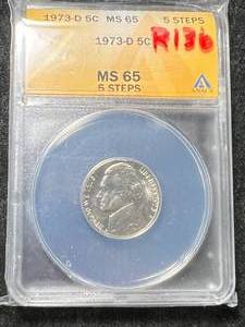 lot 24 image: 1973-D US JEFFERSON NICKEL ANACS MS65 5 STEPS