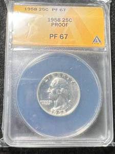 lot 35 image: 1958 PROOF WASHINGTON QUARTER ANACS PF67