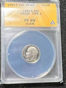 lot 50 image: 1981-S US PROOF ROOSEVELT DIME ANACS PF69 DCAM