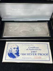 lot 73 image: 4 TROY OZ .999 FINE SILVER $100 BILL DESIGNED BAR