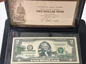 lot 13 image: 2003 A Green Seal $2 Dollar Note North Dakota