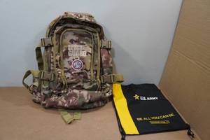 lot 71 image: Wisconsin National Guard Camo Backpack and Drawstring Bag