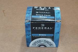 lot 454 image: 25 Federal Speed Shok 20 Ga 3 Steel 4 Shot Shotshells
