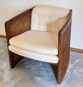 lot 39 image: LR - Vintage Sam Moore Barrel Club Chair with Cane Sides