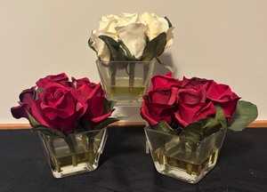 lot 48 image: Set of 3 Faux Rose Arrangements in Glass Vases