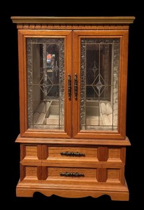 lot 62 image: Vintage Wooden Dresser Top Jewelry Cabinet with Glass Doors and Drawers