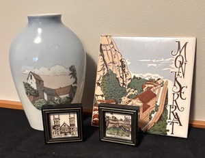 lot 64 image: Bing & Grondahl Denmark Vase, Montserrat Tile, and 2 Framed Mini Art Prints