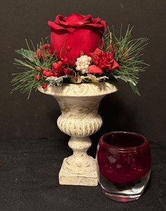 lot 77 image: Crate & Barrel Diva Ruby Votive Candle Holder and Faux Rose Floral Arrangement