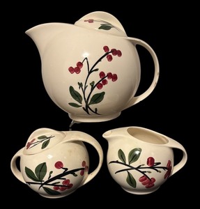 lot 91 image: Vintage Hand-Painted Pot, Creamer, and Sugar Dish Set with Cherry Design