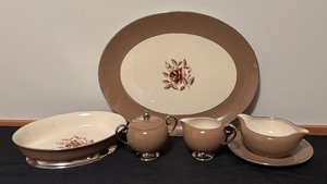 lot 128 image: Flintridge China Serving Set with Platter, Bowl, Gravy Boat, Sugar Dish and Creamer