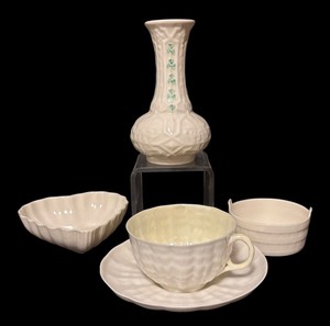 lot 134 image: Belleek Porcelain Cup with Saucer, Vase and Dishes