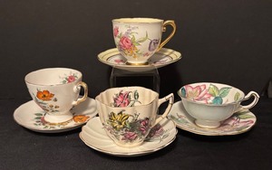 lot 145 image: Set of 4 Vintage China Tea Cups and Saucers by Royal Tuscan, Victoria, Stanley and Rosina