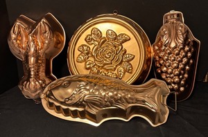 lot 150 image: Collection of 4 Copper Molds - Fish, Lobster, Floral, and Grapes