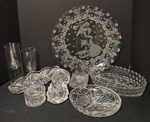 lot 180R image: Assorted Vintage Crystal and Clear Glass Platter, Dishes and Candle Holders Collection