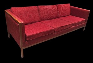 lot 11 image: LL - Vintage Mid Century Modern Red Upholstered Sofa with Wood Frame