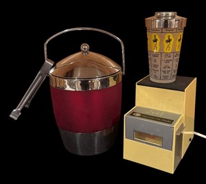 lot 208 image: Vintage Bar Set with Deluxe Ice Crusher, Ice Bucket, and Cocktail Shaker