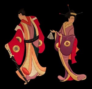 lot 218 image: Pair of Asian Style Fabric Wall Decor Figures
