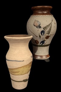 lot 219 image: Pair of Handcrafted Pottery Vases with Artistic Designs
