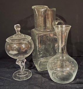 lot 220 image: Vintage Crystal and Clear Glass Pitcher, Carafe, and Pedestal Dish