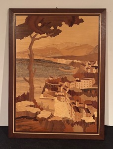 lot 229 image: Framed Wooden Inlay Artwork of Coastal Village Scene