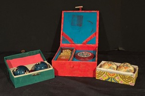 lot 261 image: Lot of 2 Baoding Ball Sets and Asian Stone Seal Stamp