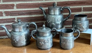 lot 39 image: SR - Adelphi Silverplate Vintage 5-Piece Tea Set with Engraved Cherry Motif
