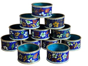 lot 42 image: K - Set of 12 Vintage Cloisonn Enamel Floral Napkin Rings