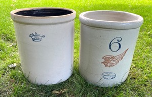 lot 70 image: Pair of Vintage 6 Gallon Stoneware Crocks Red Wing and Crown Mark