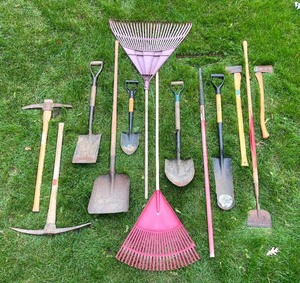 lot 73 image: Collection of Garden and Lawn Tools Including Shovels, Rakes, and Axes