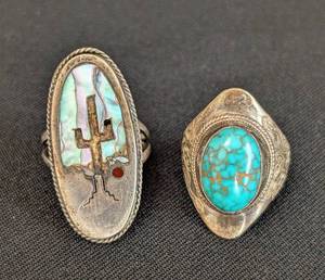 lot 218 image: Pair of Sterling Silver Turquoise and Abalone Rings