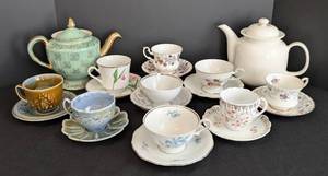 lot 223 image: Variety of Vintage Painted Porcelain Teacups and Teapots