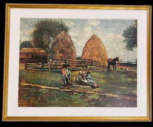 lot 141 image: LLR - Framed Haystacks and Children Print by Homer Winslow