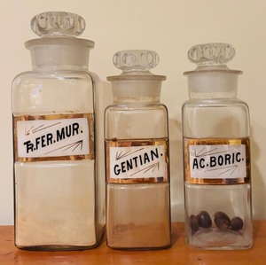 lot 143 image: LLR - Set of 3 Vintage Apothecary Glass Jars with Labeled Fronts