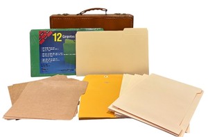 lot 194 image: Vintage Leather Briefcase with Assorted File Folders and Office Supplies
