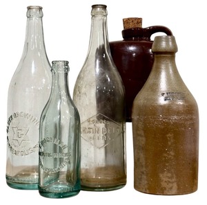 lot 200 image: LLR - Collection of 5 Vintage Pottery and Glass Bottles Including Brewery Pieces