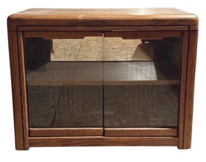 lot 298 image: A - Vintage Wood TV Stand with Glass Doors on Casters