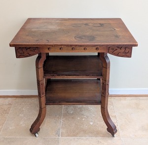 lot 14 image: LR - Antique Wooden Accent Table with Carved Details